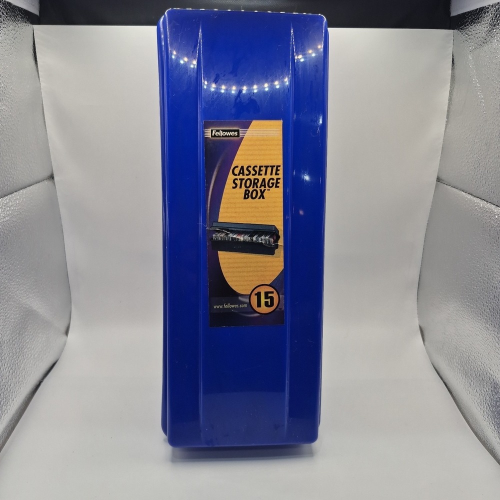 Fellowes 15 Audio Cassette Tape Storage Box Organizer Plastic Blue Vtg 2001